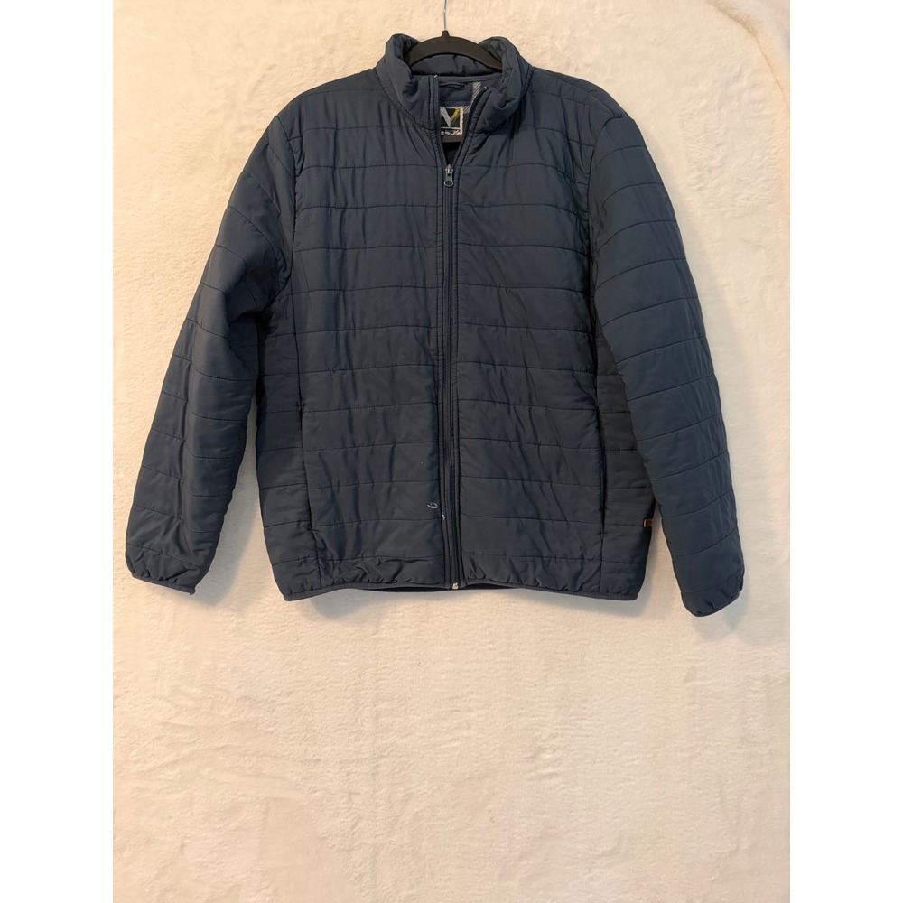 Voyager Mens Large Navy Blue Quilted Puffer Jacket Plaid Fleece Lined Full Zip